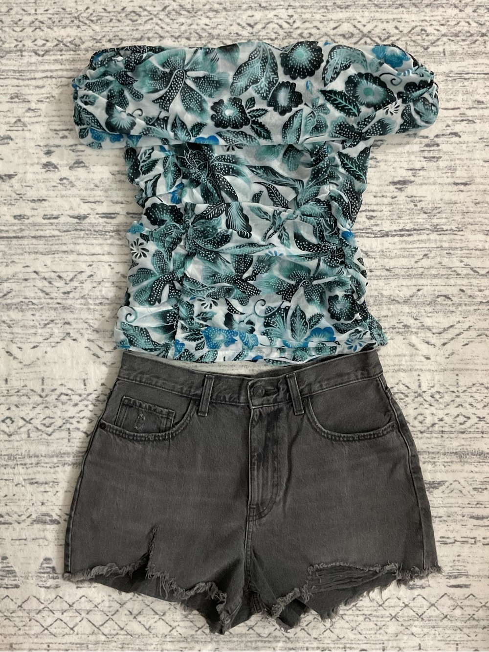 Uniqlo High-Waist Distressed Shorts + WHBM Floral Mesh Top Summer Resort Casual